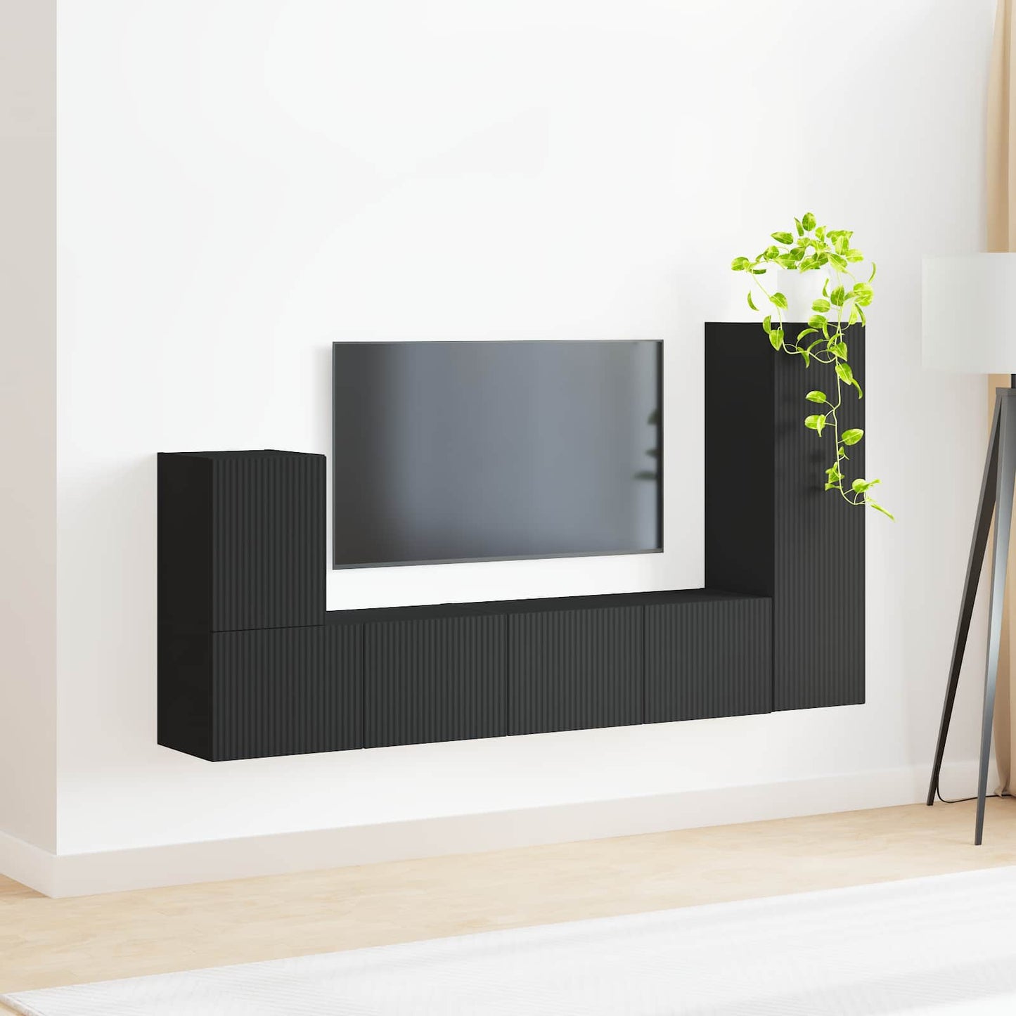 TV Cabinet Set Wall-mounted 3 pcs Black Engineered Wood