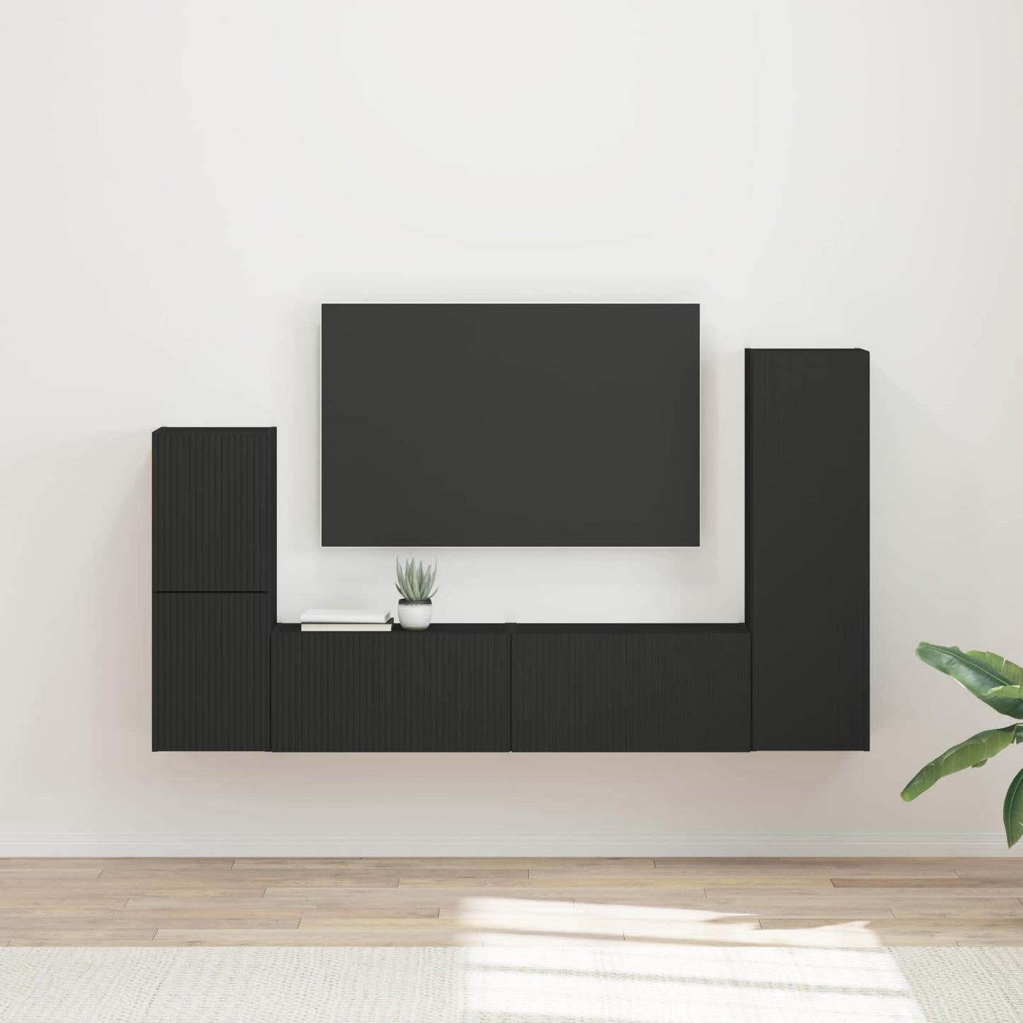 TV Cabinet Set Wall-mounted 4 pcs Black Engineered Wood
