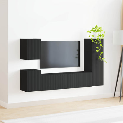 TV Cabinet Set Wall-mounted 4 pcs Black Engineered Wood