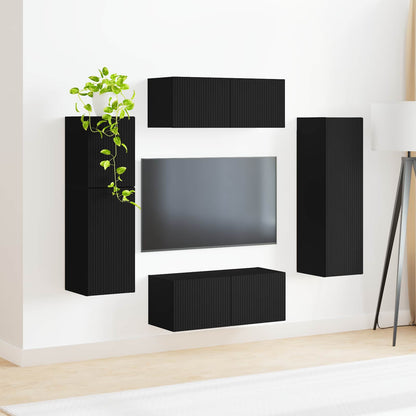 TV Cabinet Set Wall-mounted 4 pcs Black Engineered Wood
