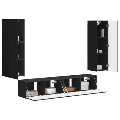 TV Cabinet Set Wall-mounted 4 pcs Black Engineered Wood