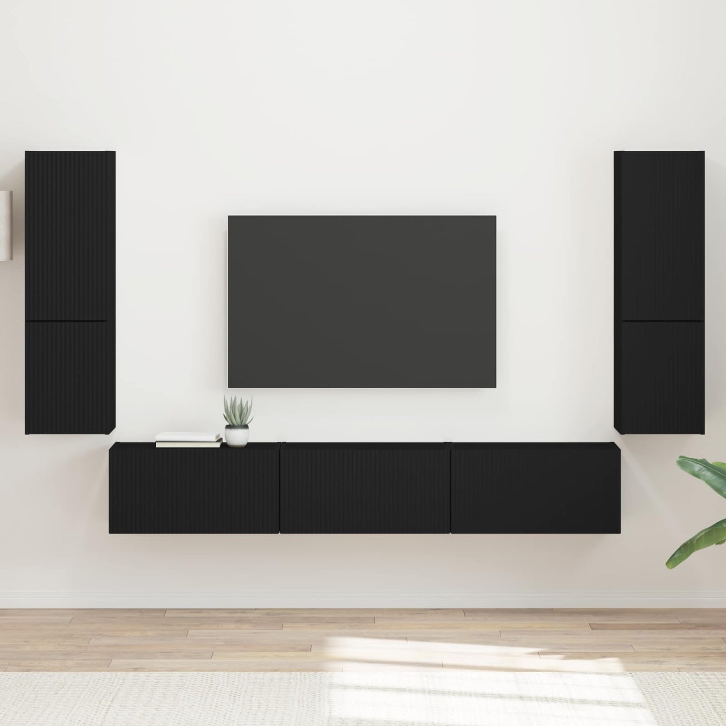 TV Cabinet Set Wall-mounted 4 pcs Black Engineered Wood