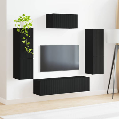 TV Cabinet Set Wall-mounted 4 pcs Black Engineered Wood
