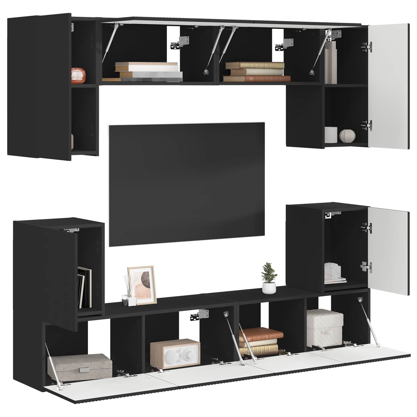 TV Cabinet Set Wall-mounted 5 pcs Black Engineered Wood