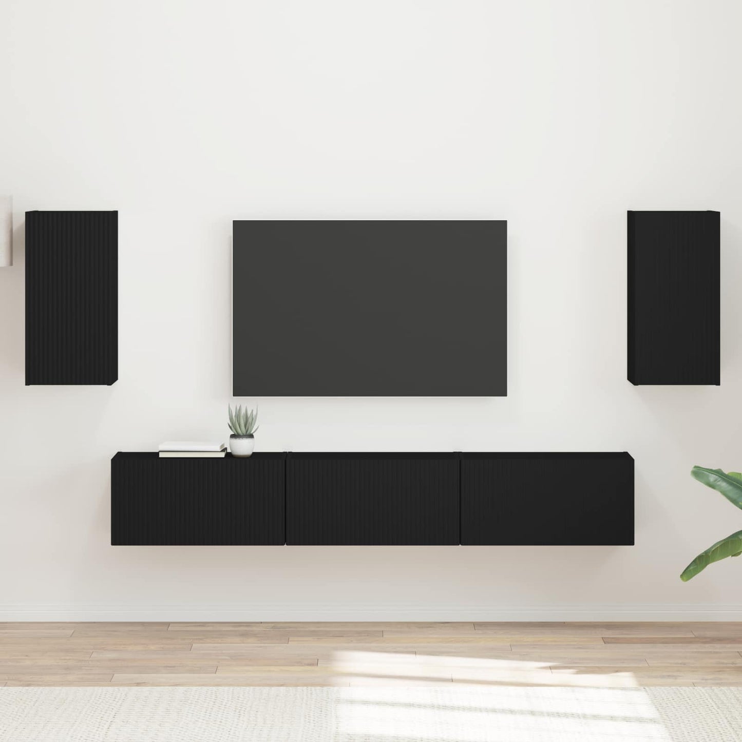 TV Cabinet Set Wall-mounted 5 pcs Black Engineered Wood