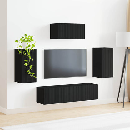 TV Cabinet Set Wall-mounted 5 pcs Black Engineered Wood