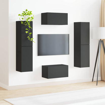 TV Cabinet Set 6 pcs Black Engineered Wood