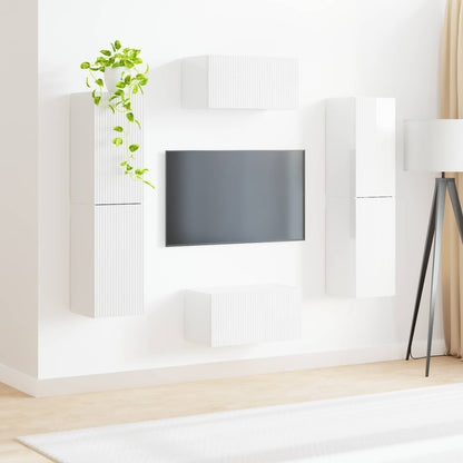 TV Cabinet Set 6 pcs High Gloss White Engineered Wood