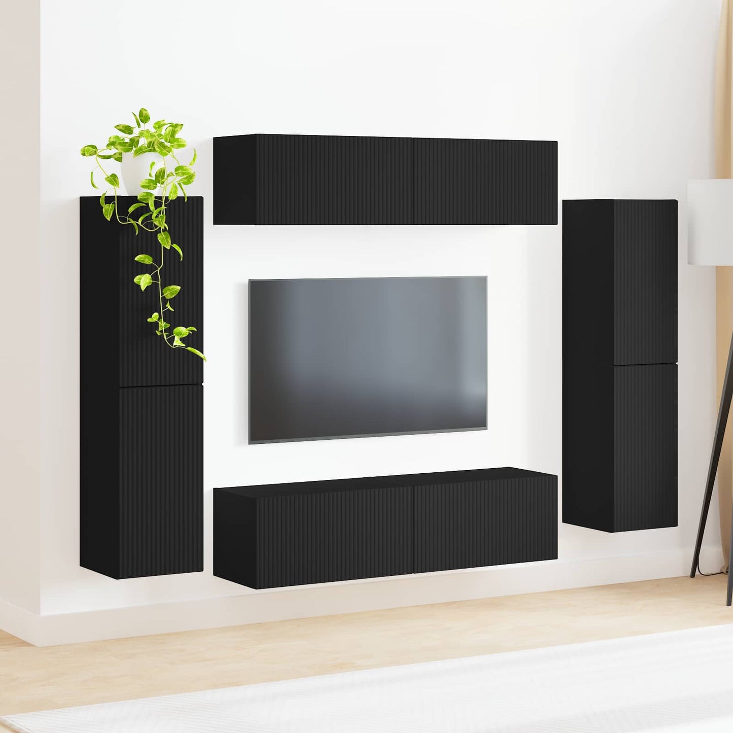 TV Cabinet Set 8 pcs Black Engineered Wood