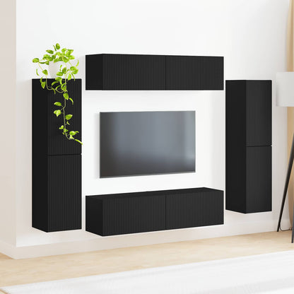 TV Cabinet Set 8 pcs Black Engineered Wood