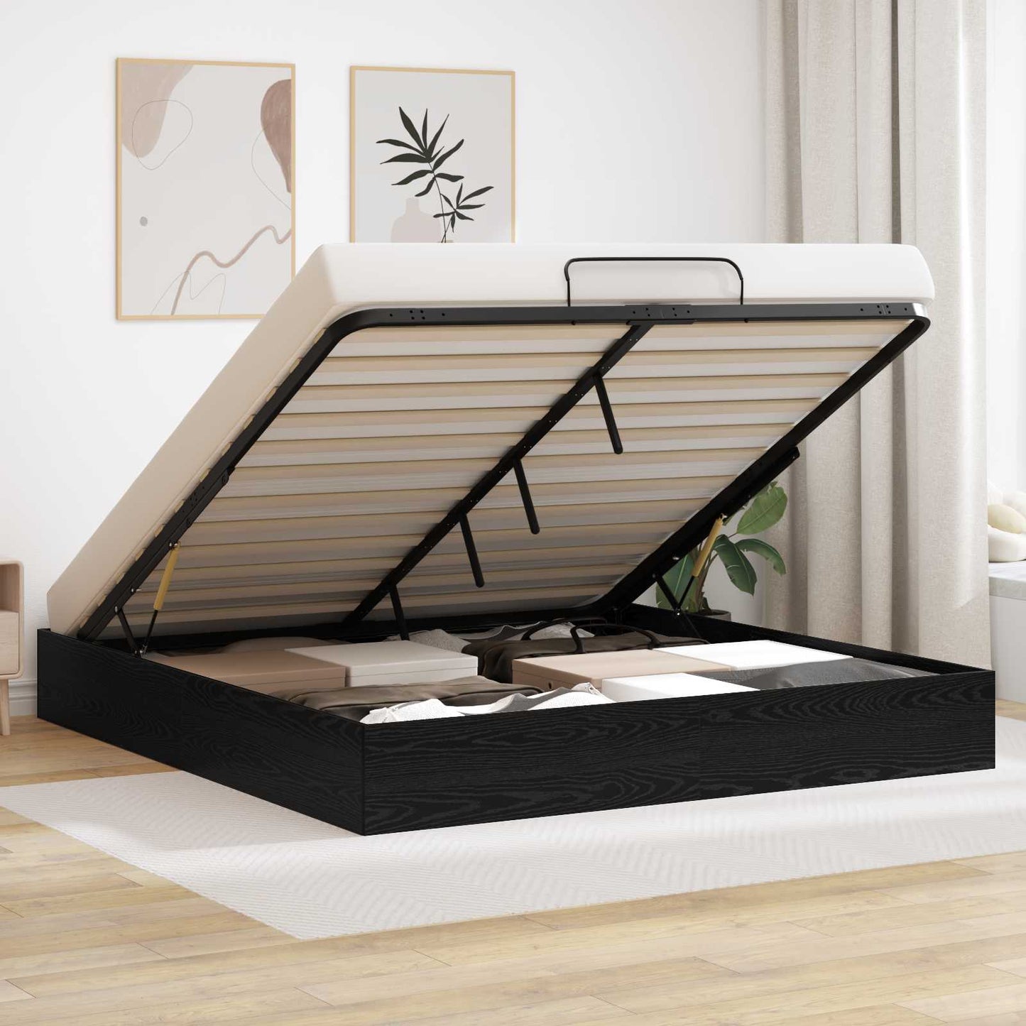 Ottoman Bed Frame Black Oak 203 x 160 x 25 cm Engineered Wood