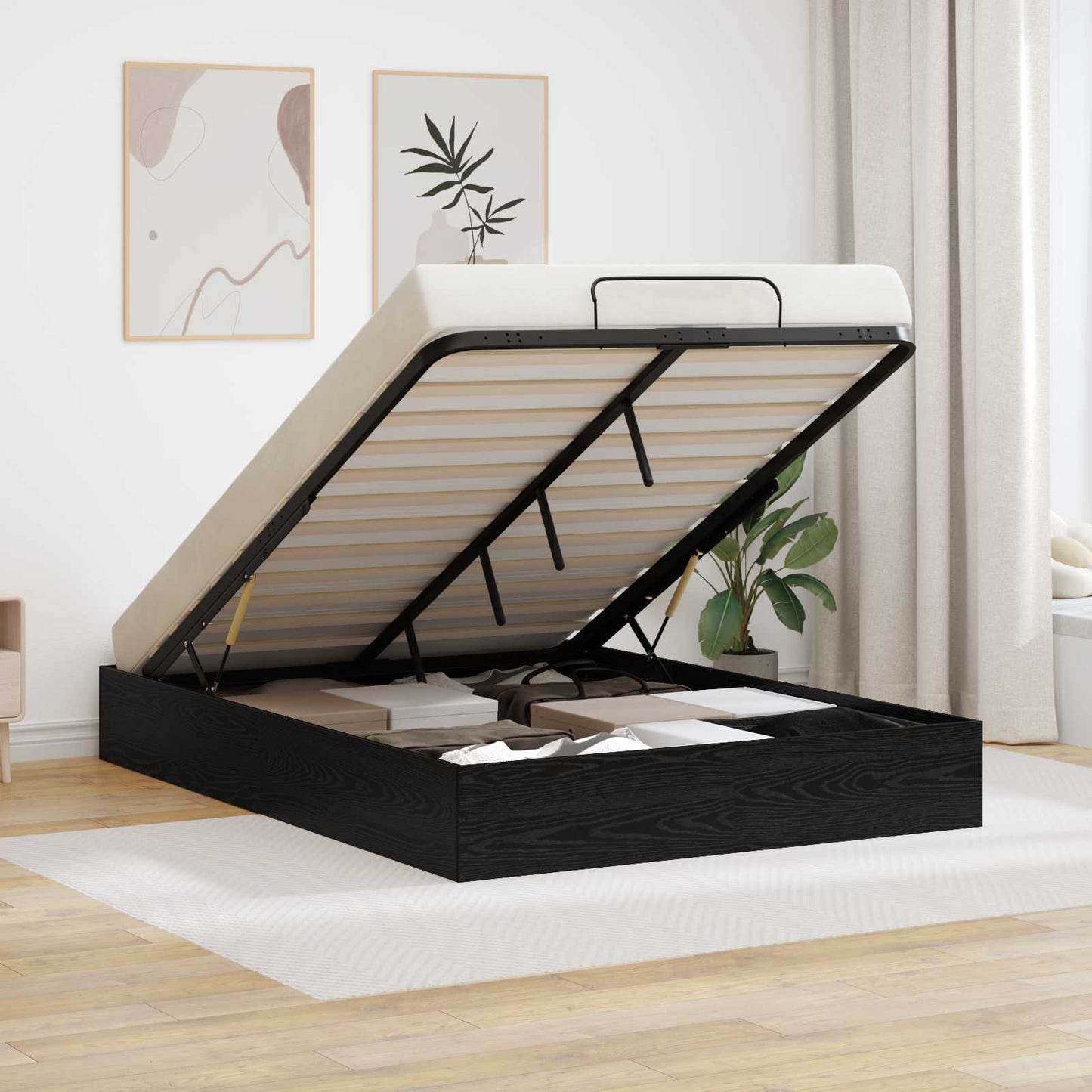 Ottoman Bed Frame Black Oak 193 x 140 x 25 cm Engineered Wood