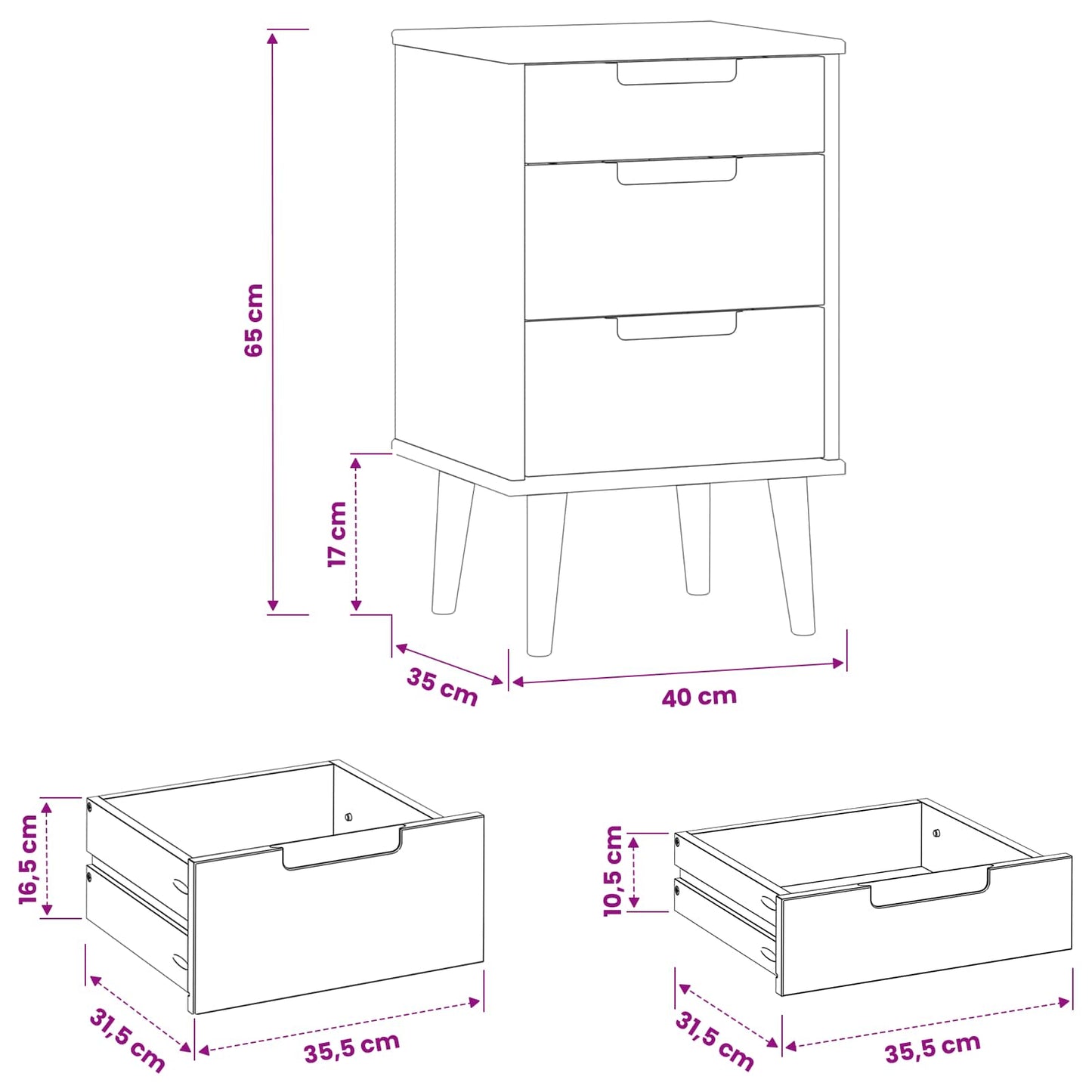 Bedside Cabinet MOLDE Black 40 x 35 x 65 cm Solid Pine Wood