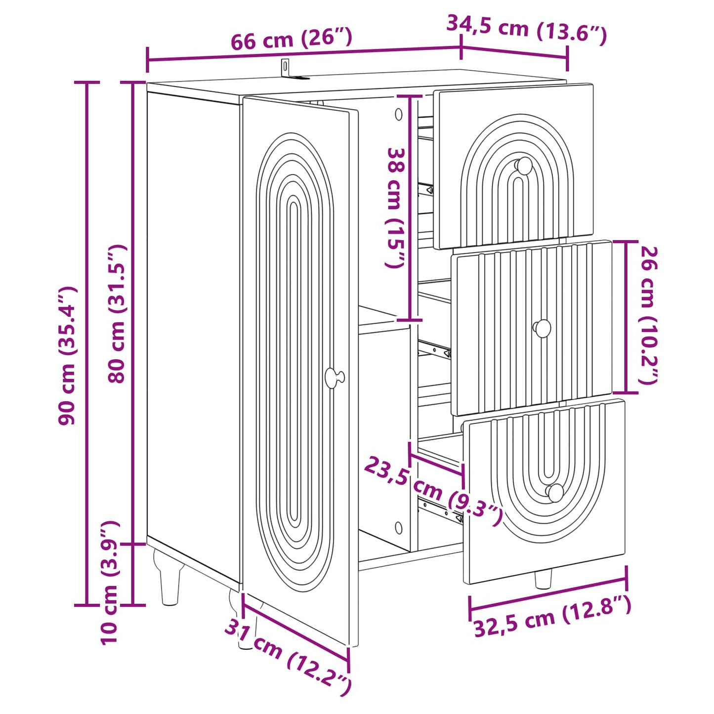 Sideboard with Drawer Black 66 x 34.5 x 90 cm Engineered Wood