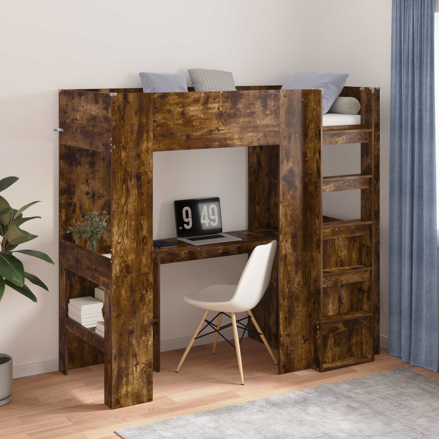 Loft Bed Frame with Desk Smoked Oak 75 x 190 cm Engineered Wood