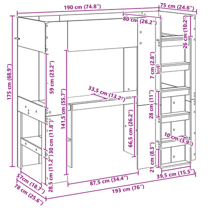 Loft Bed Frame with Desk Old Wood 75 x 190 cm Engineered Wood