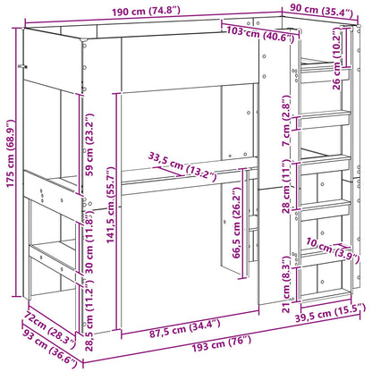 Loft Bed Frame with Desk Smoked Oak 90 x 190 cm Engineered Wood