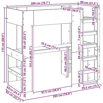Loft Bed Frame with Desk Black Oak 80 x 200 cm Engineered Wood