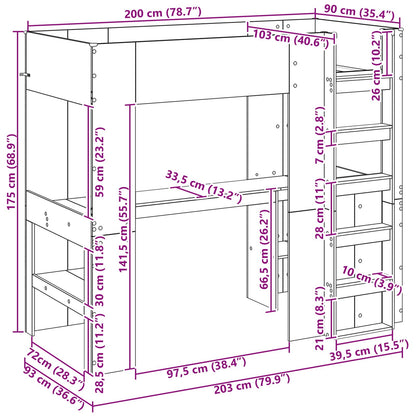 Loft Bed Frame with Desk Sonoma Oak 90 x 200 cm Engineered Wood