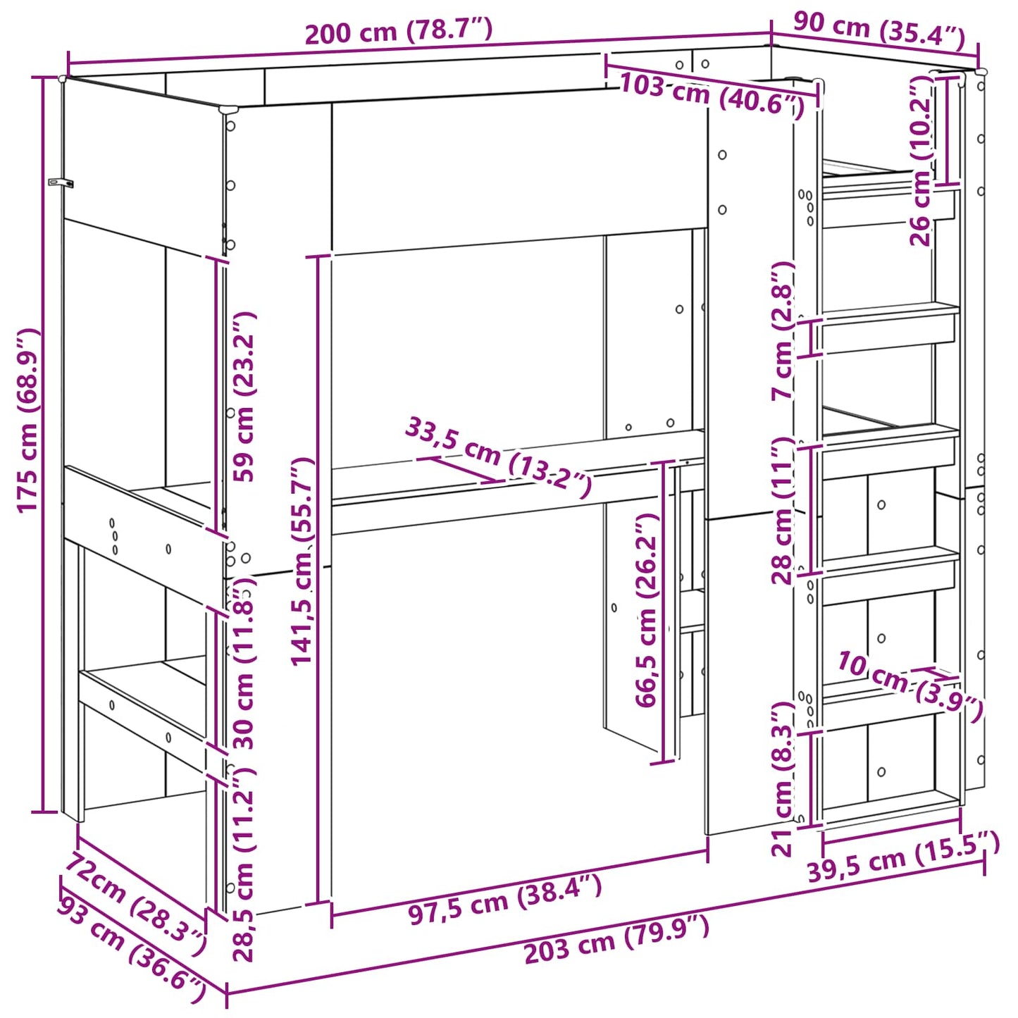 Loft Bed Frame with Desk with Storage Grey Sonoma 90 x 200 cm