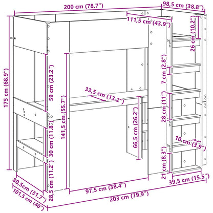 Loft Bed Frame with Desk with Storage Smoked Oak 100 x 200 cm