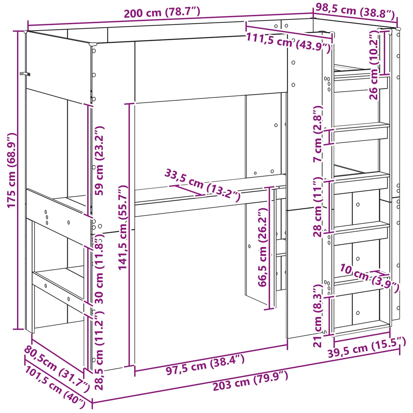 Loft Bed Frame with Desk with Storage Grey Sonoma 100 x 200 cm