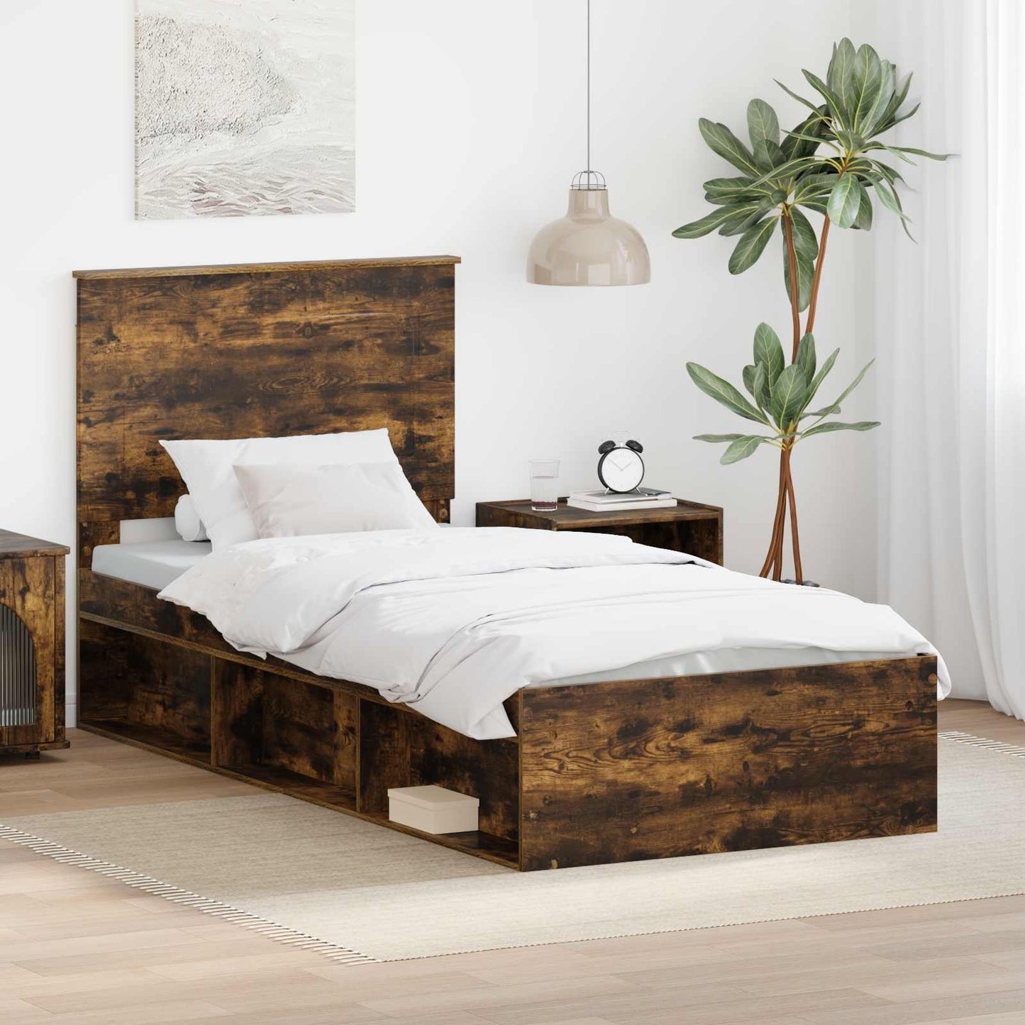 Bed Frame with Headboard Smoked Oak 75 x 190 cm Solid Pine Wood