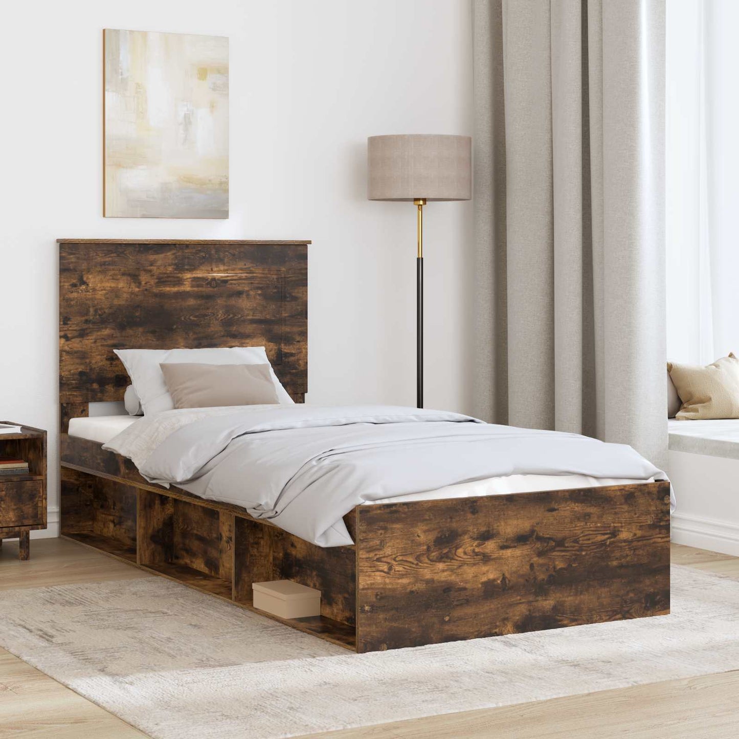 Bed Frame with Headboard Smoked Oak 75 x 190 cm Solid Pine Wood