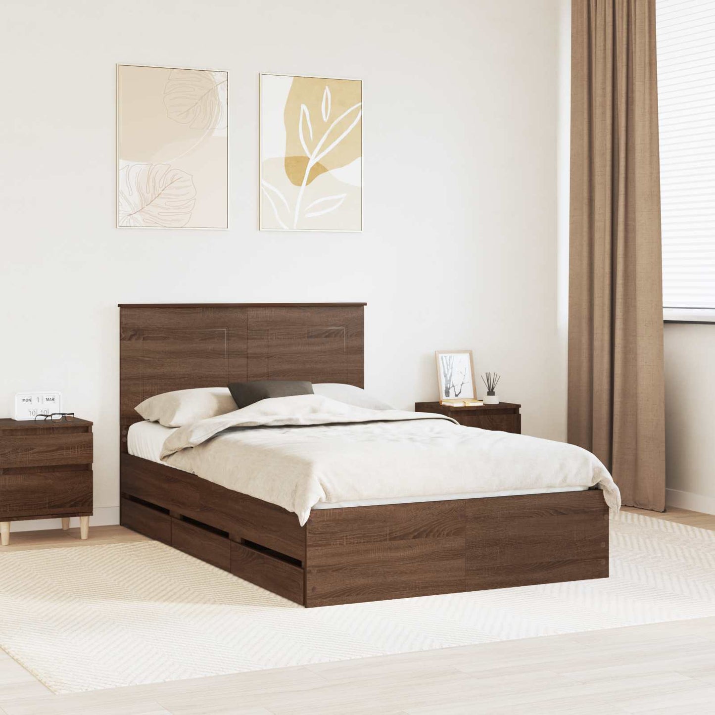 Bed Frame with Drawer Brown Oak 135 x 190 cm Engineer Wood