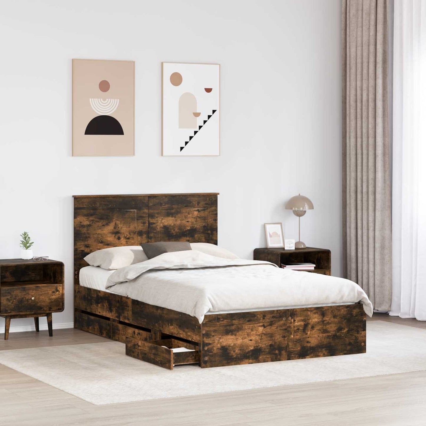 Bed Frame with Drawer Smoked Oak 120 x 190 cm Engineer Wood