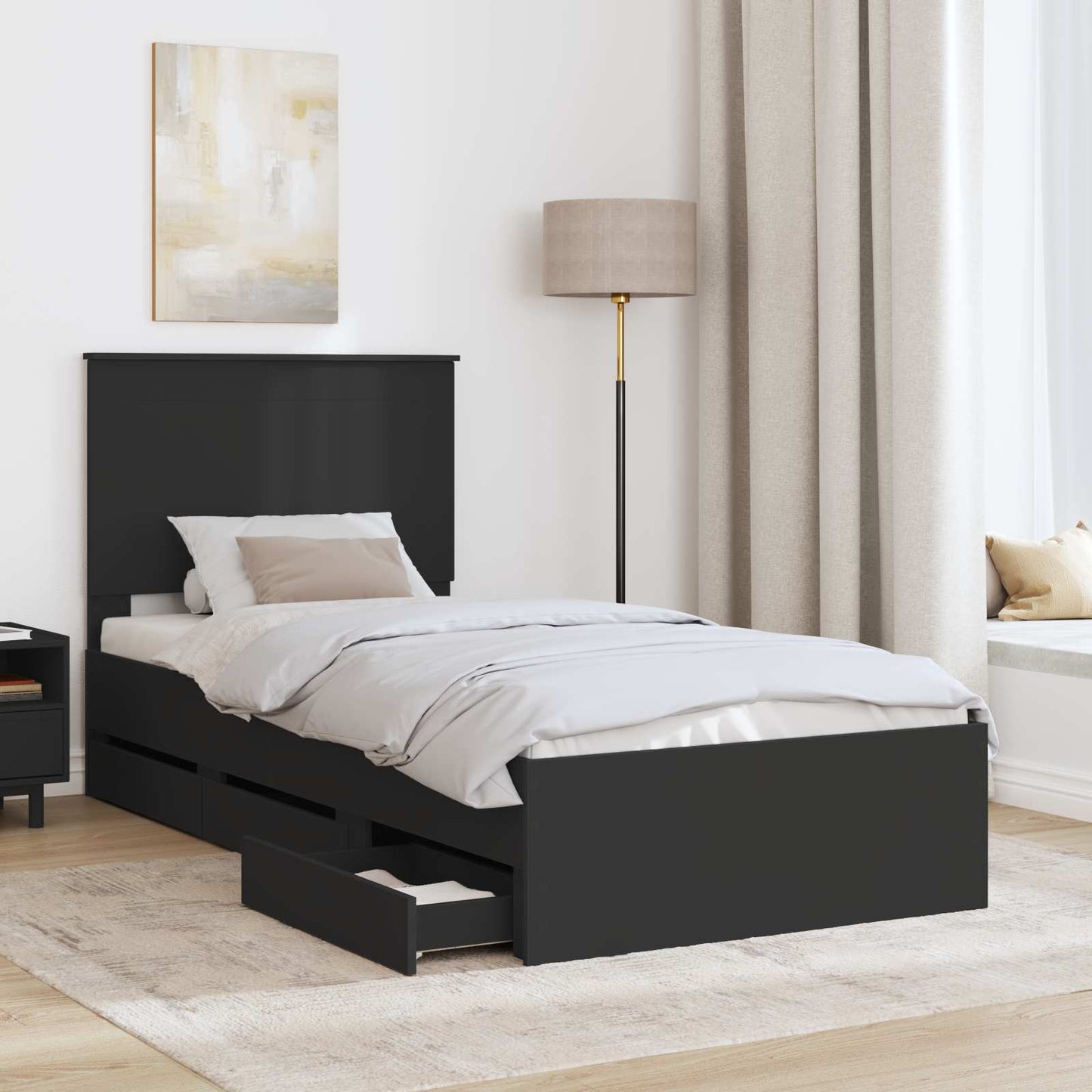 Bed Frame with Drawer Black 75 x 190 cm Engineer Wood