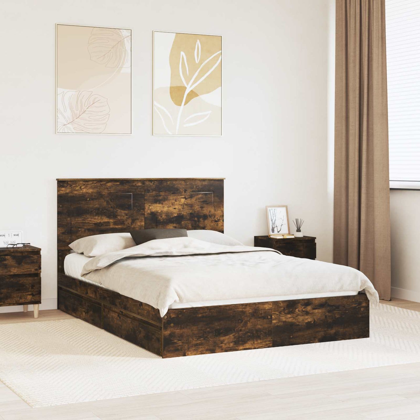 Storage Bed with Drawer Smoked Oak 160 x 200 cm Engineered Wood