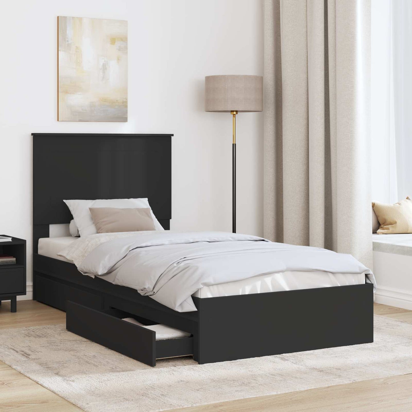 Storage Bed with Headboard Black 75 x 190 cm Engineered Wood