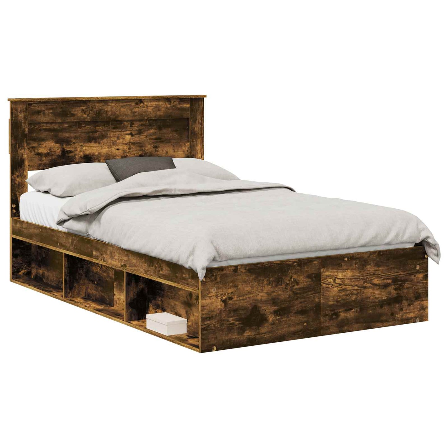 Bed Frame with Storage Smoked Oak 135 x 190 cm Solid Pine Wood