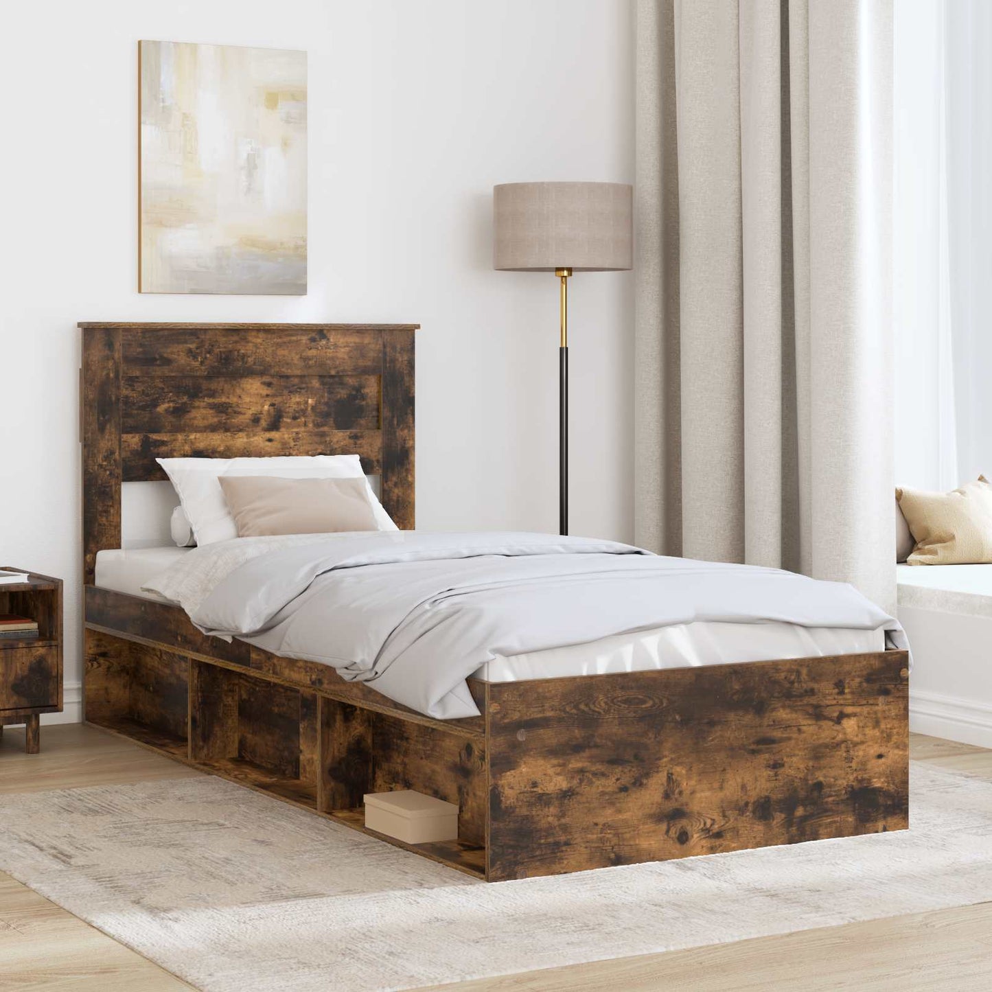 Bed Frame with Storage Smoked Oak 100 x 200 cm Solid Pine Wood