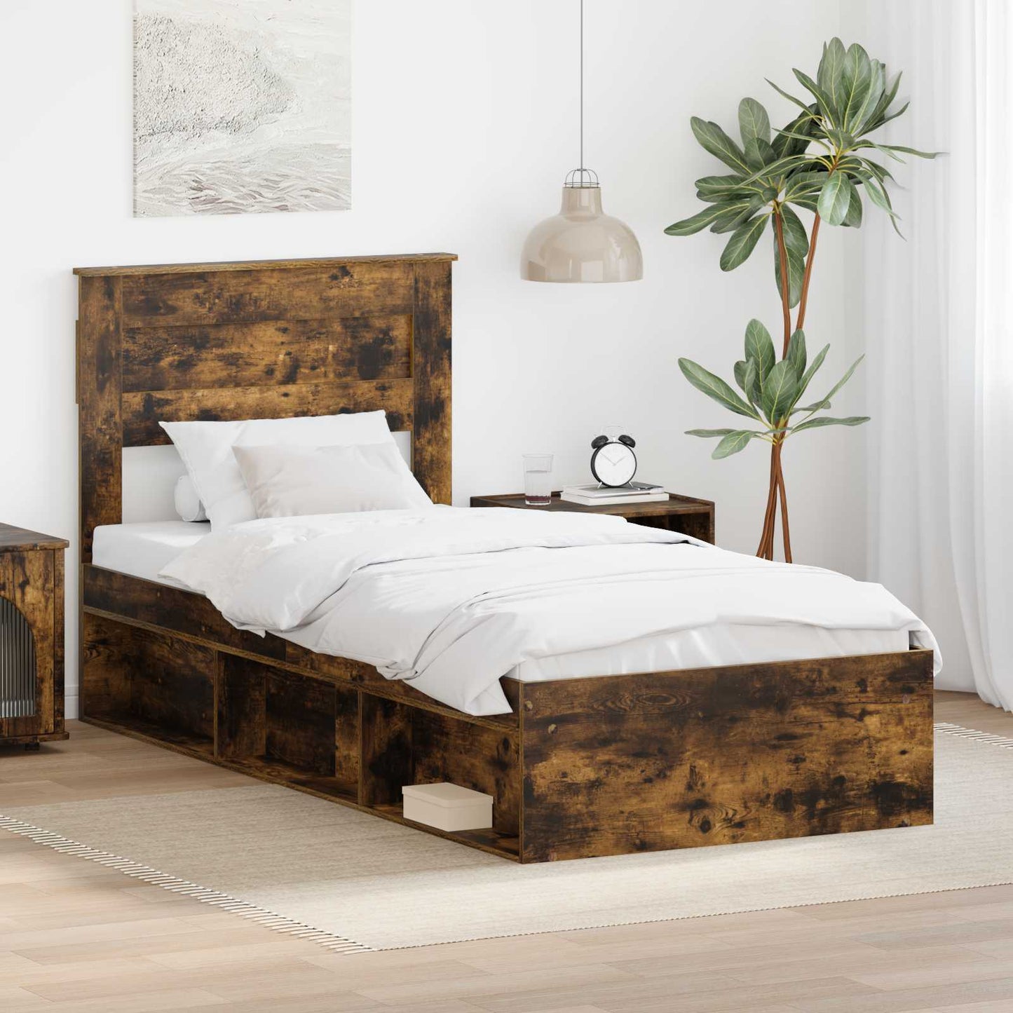 Bed Frame with Headboard Smoked Oak 90 x 190 cm Solid Pine Wood