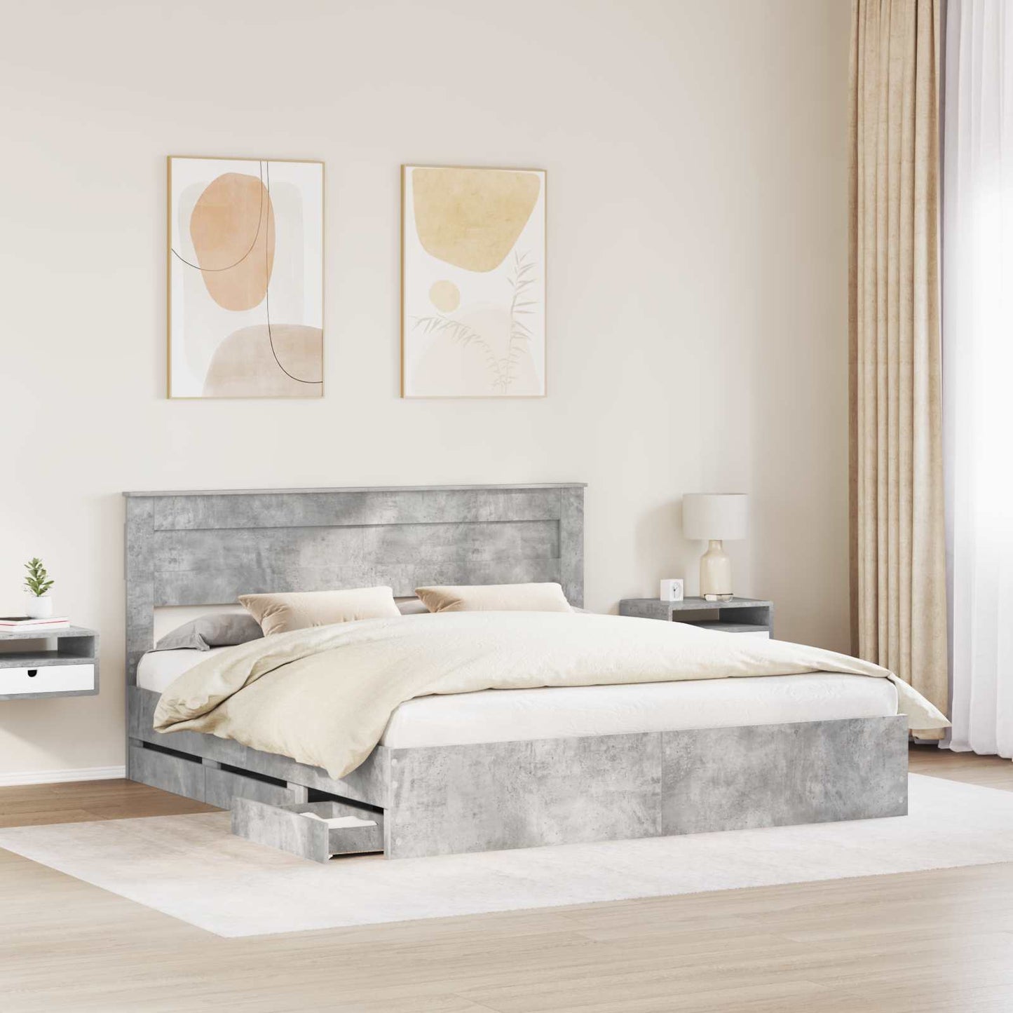 Bed Frame with Drawer Concrete Grey 200 x 200 cm Engineer Wood
