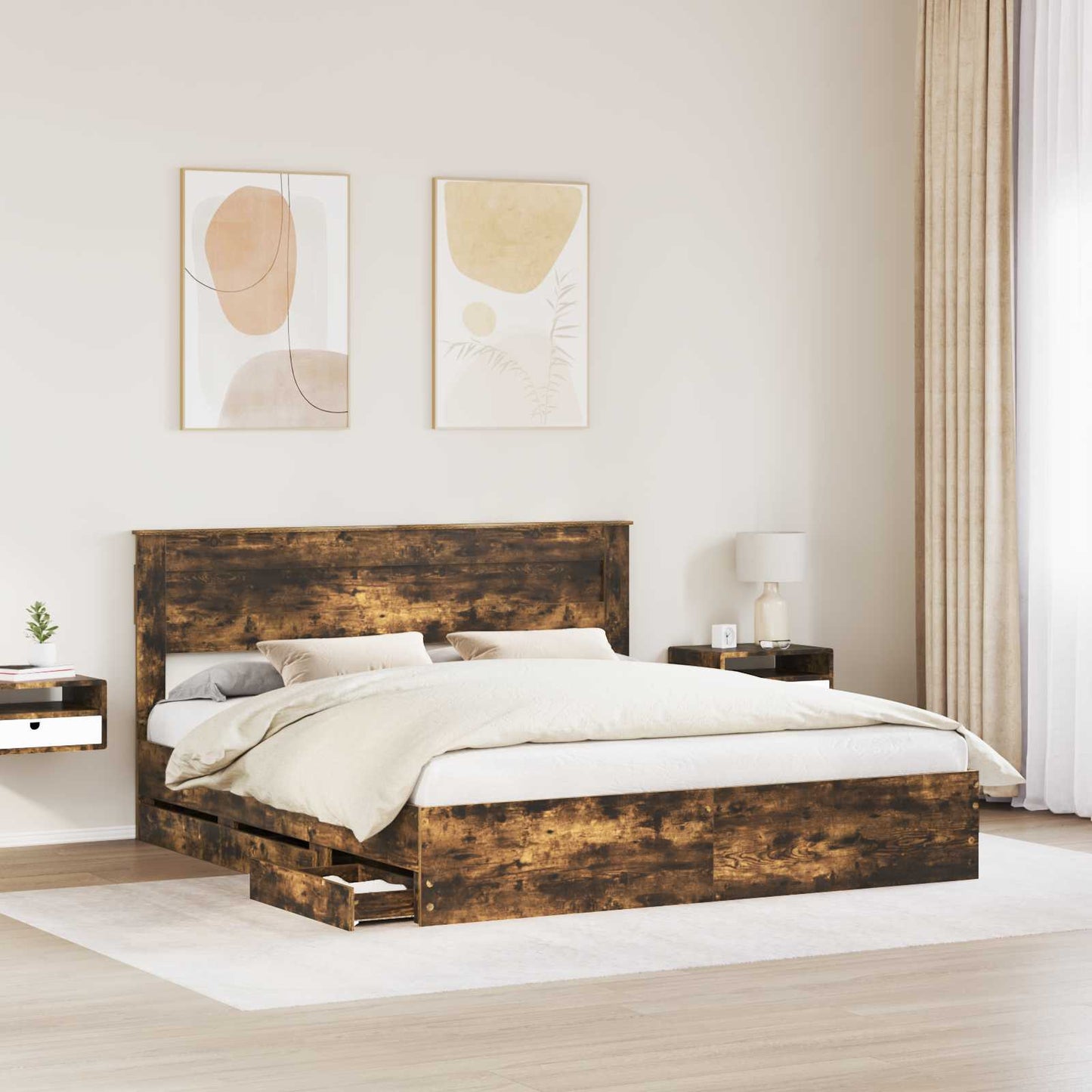Bed Frame with Drawer Smoked Oak 180 x 200 cm Engineer Wood
