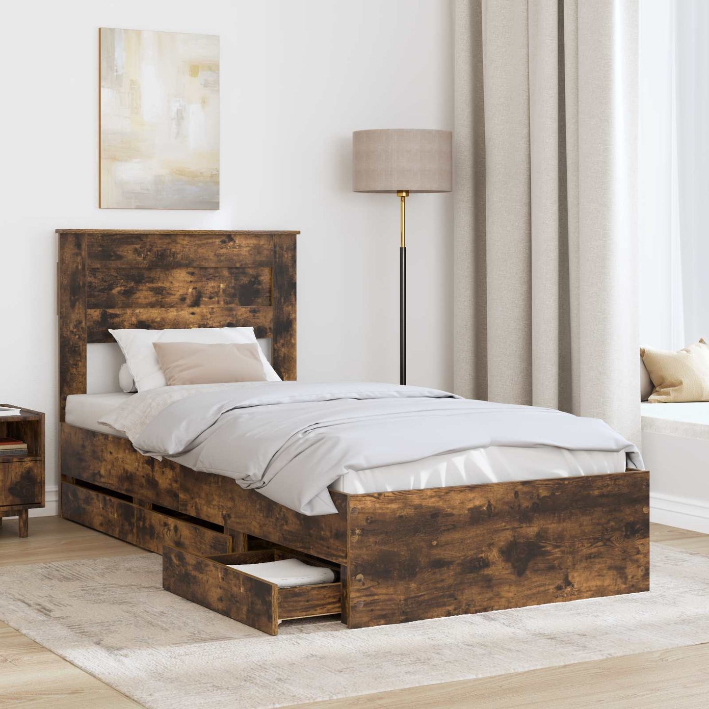 Bed Frame with Drawer Smoked Oak 90 x 190 cm Engineer Wood