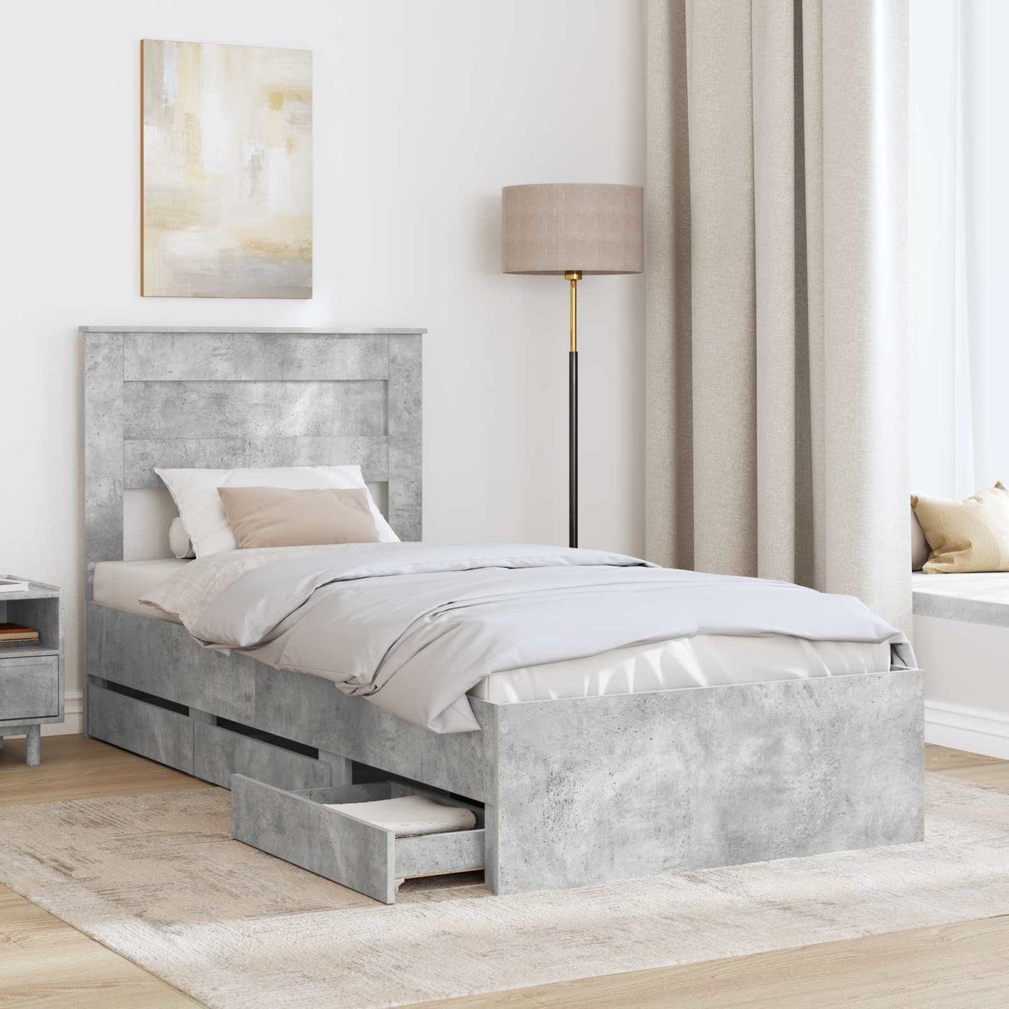 Bed Frame with Drawer Concrete Grey 75 x 190 cm Engineer Wood