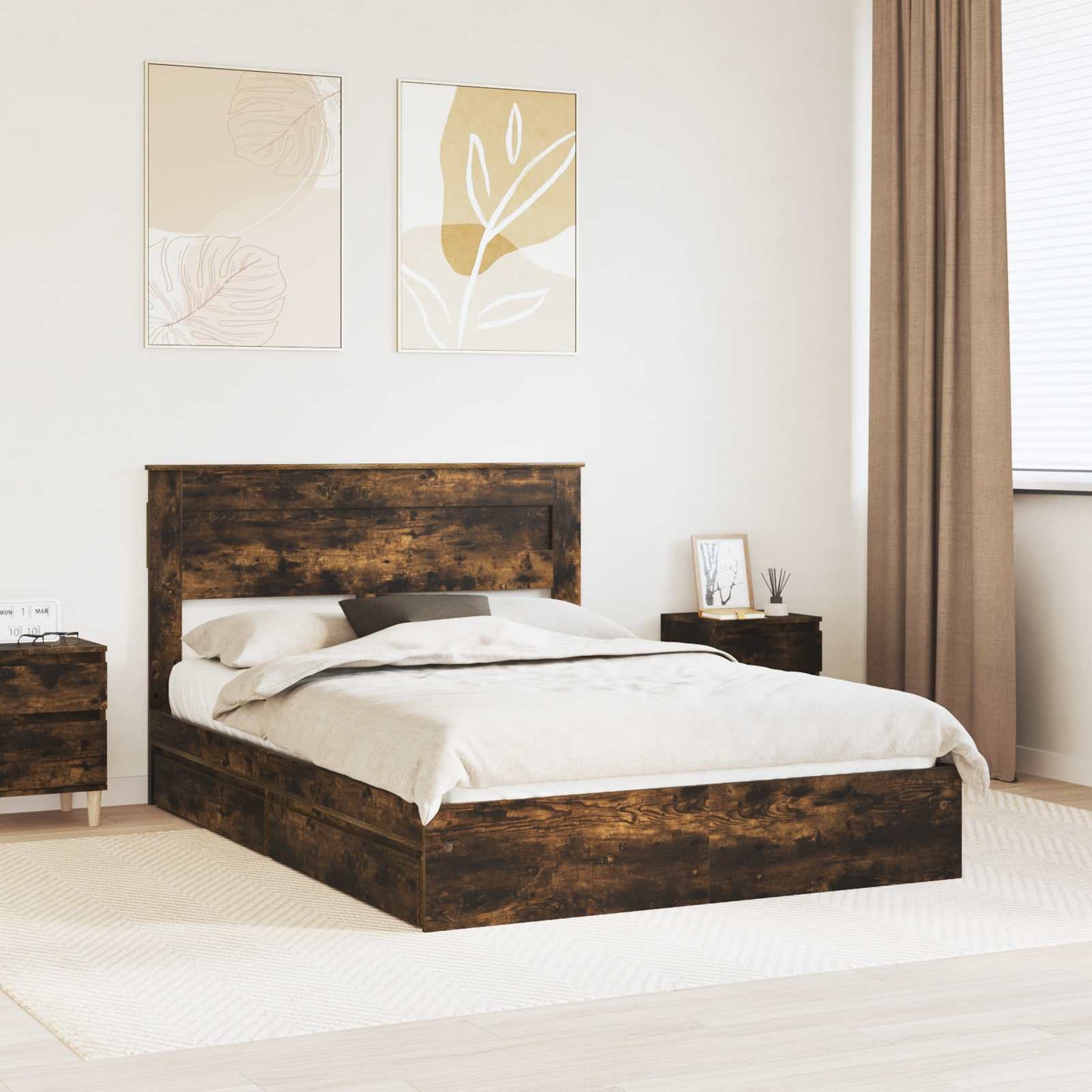 Storage Bed with Drawer Smoked Oak 160 x 200 cm Engineered Wood