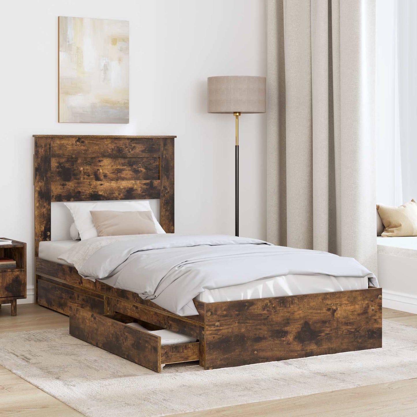 Storage Bed with Drawer Smoked Oak 90 x 190 cm Engineered Wood