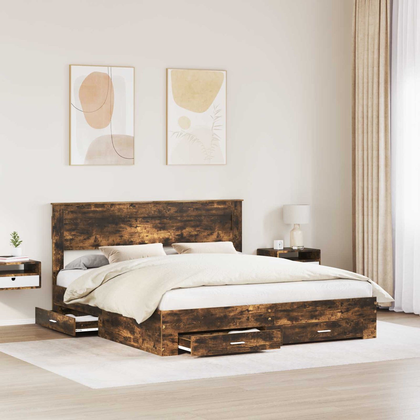 Bed Frame with Drawer Smoked Oak 200 x 200 cm Engineered Wood