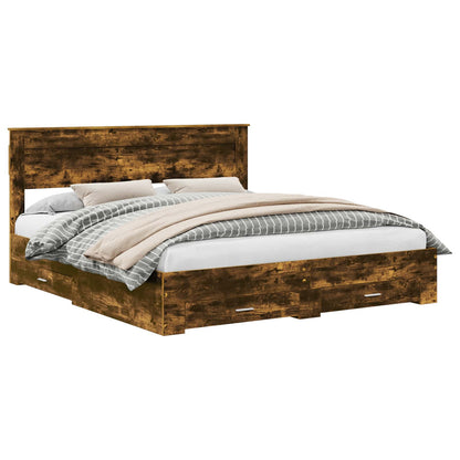Bed Frame with Drawer Smoked Oak 200 x 200 cm Engineered Wood