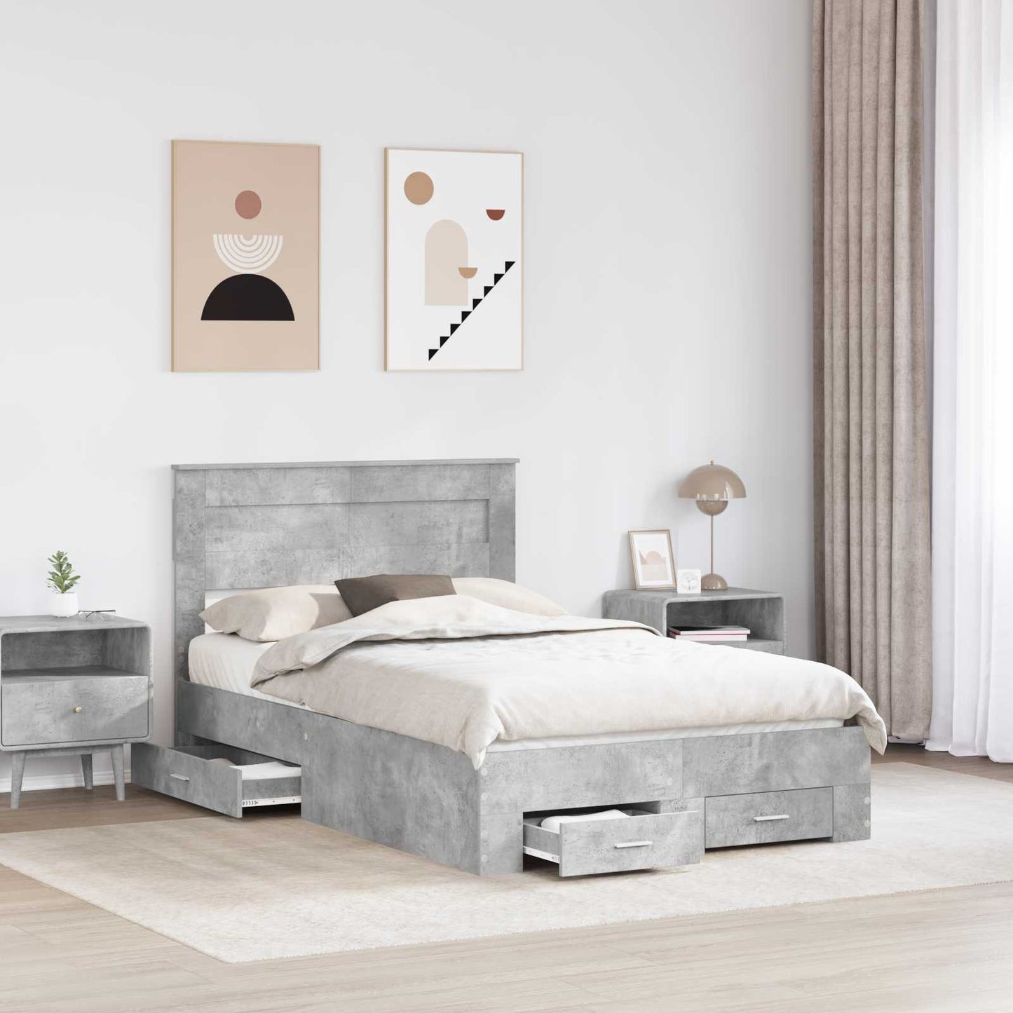 Bed Frame Concrete Grey 135 x 190 cm Engineered Wood