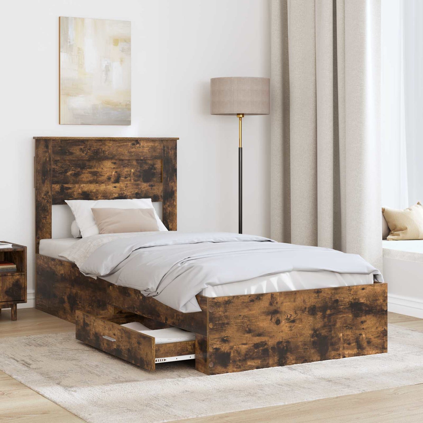 Bed Frame with Drawer Smoked Oak 100 x 200 cm Engineered Wood