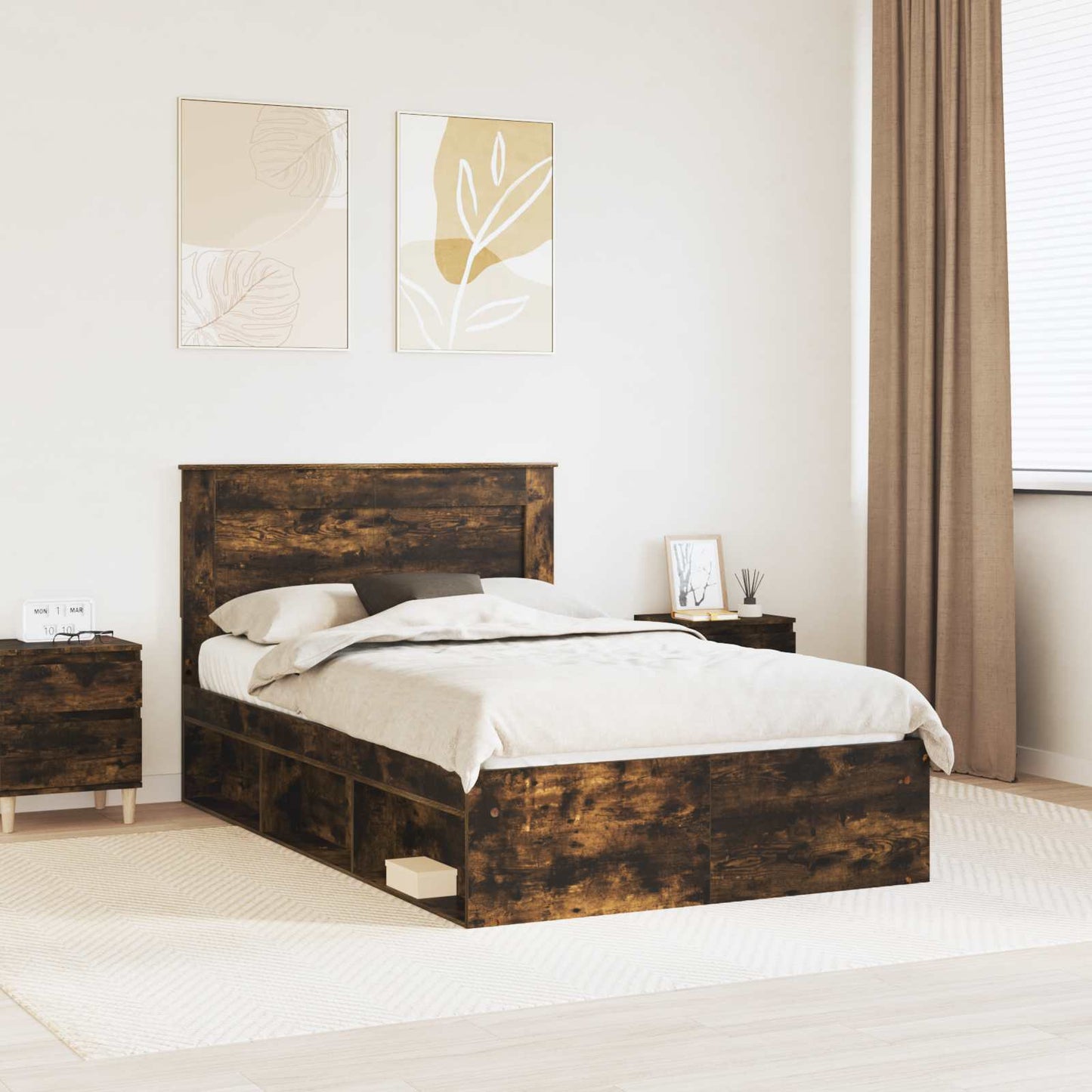 Bed Frame with Drawer Smoked Oak 135 x 190 cm Solid Pine Wood