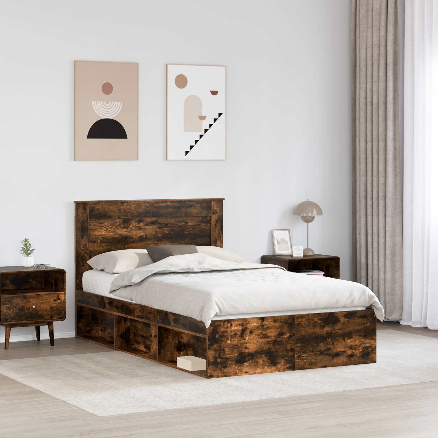 Bed Frame with Drawer Smoked Oak 135 x 190 cm Solid Pine Wood