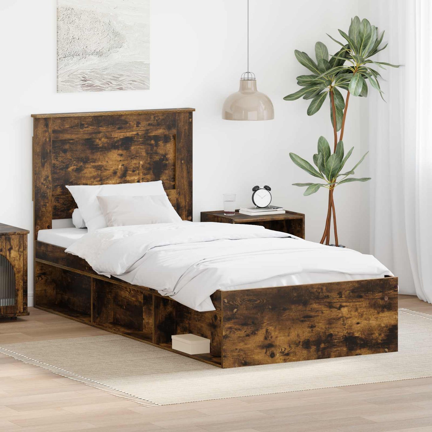 Bed Frame with Drawer Smoked Oak 100 x 200 cm Solid Pine Wood