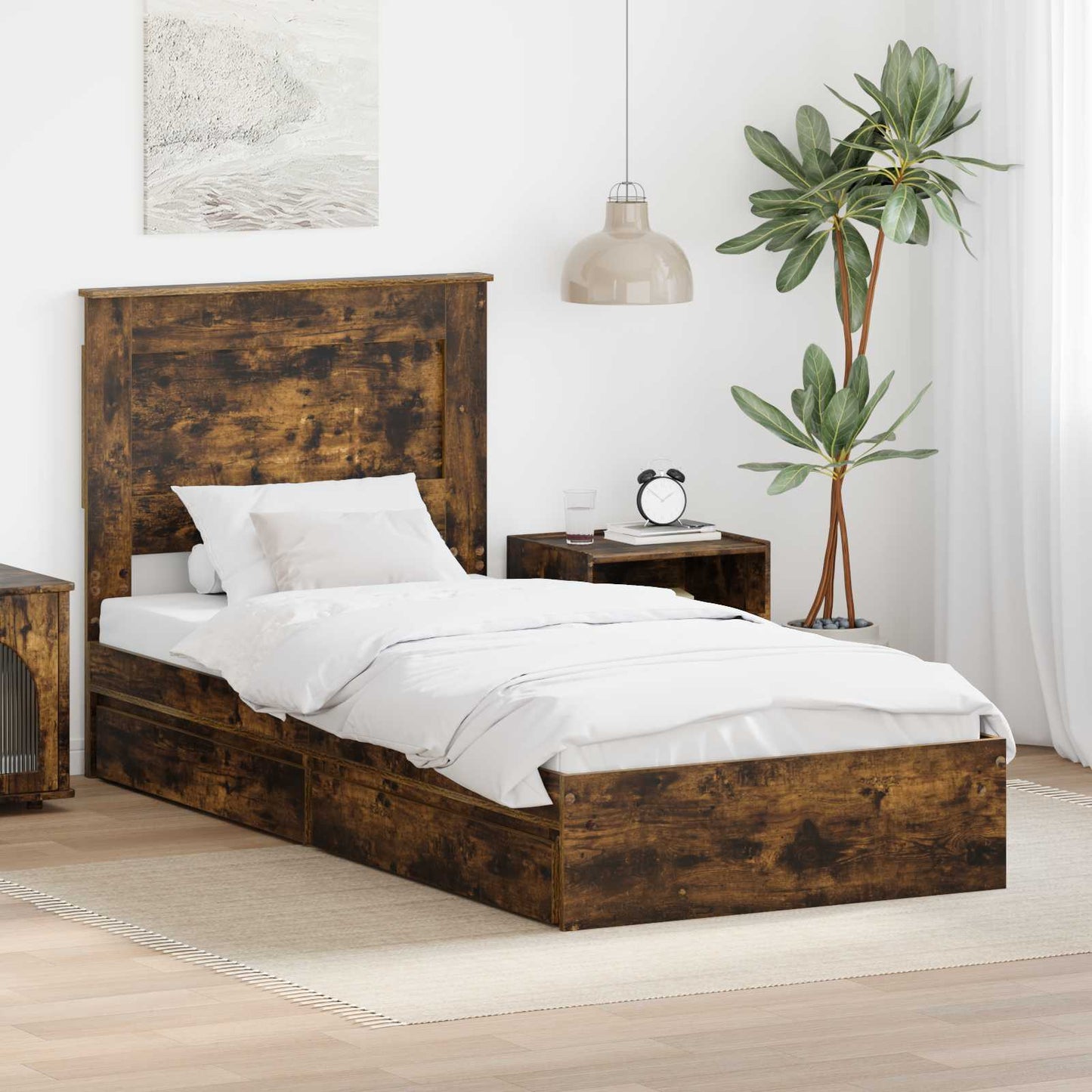 Storage Bed with Drawer Smoked Oak 90 x 190 cm Engineered Wood